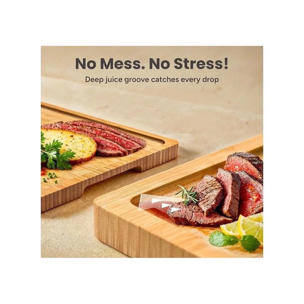 Smirly Non-Toxic Cutting Board Set 3 Piece Bamboo Juice Groove Stand Holder
